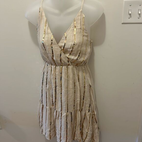 Southern Fried Chics Boutique Gold Beige Sequin Sheath Dress V-cut Small S NWT - Picture 3 of 5